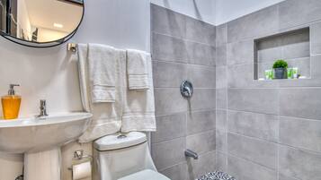 Douche, sèche-cheveux, serviettes fournies, savon