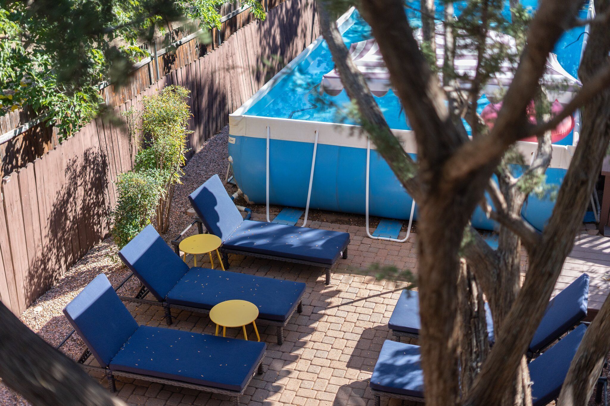Un giardino sul retro con piscina, sdraio e un tavolino.
