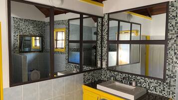 Shower, towels, soap, shampoo