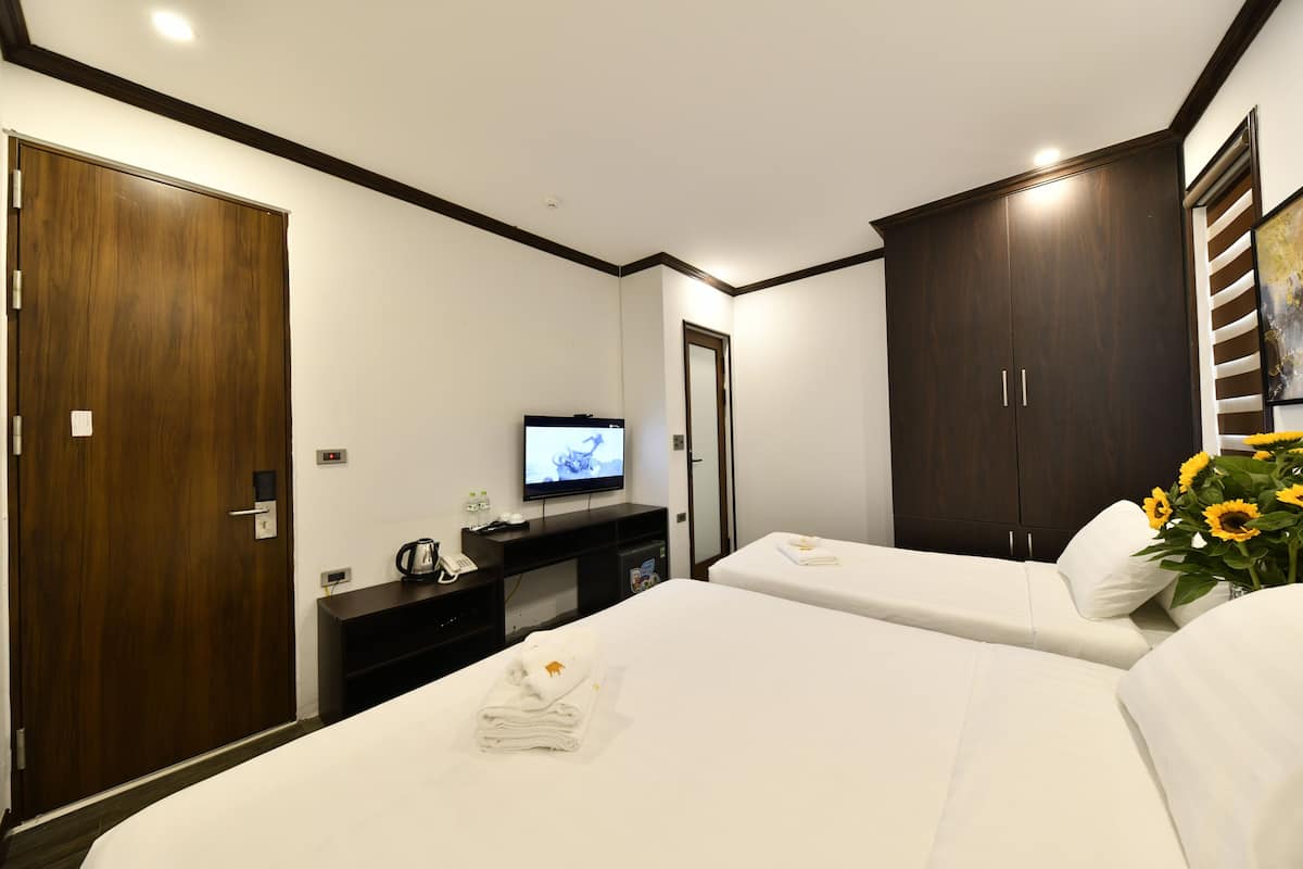Habitació d'hotel amb dos llits, televisió, escriptori i armari.