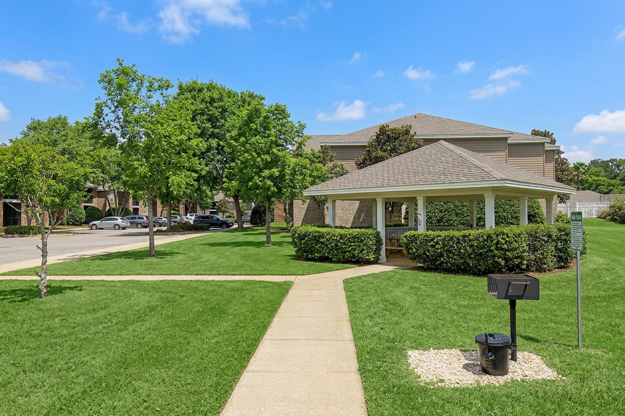 A residential area with a covered outdoor seating area, a pathway, and a mailbox.