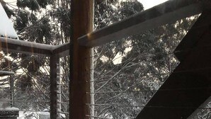 Een besneeuwde buitenruimte met een metalen hekwerk, bomen en een bakstenen gebouw.