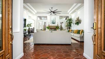 Smart TV, fireplace, foosball, music library