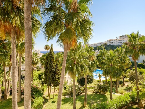A resort with palm trees, a swimming pool, and buildings in the background.