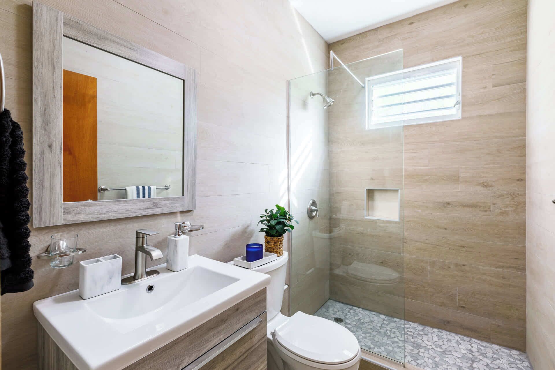 Shower, shampoo, toilet paper