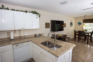 Fridge, microwave, dishwasher, coffee/tea maker