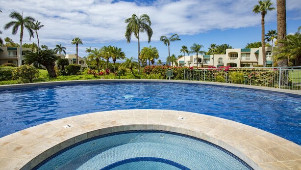 Una piscina amb vora de rajola, envoltada de palmeres i un cel blau clar.