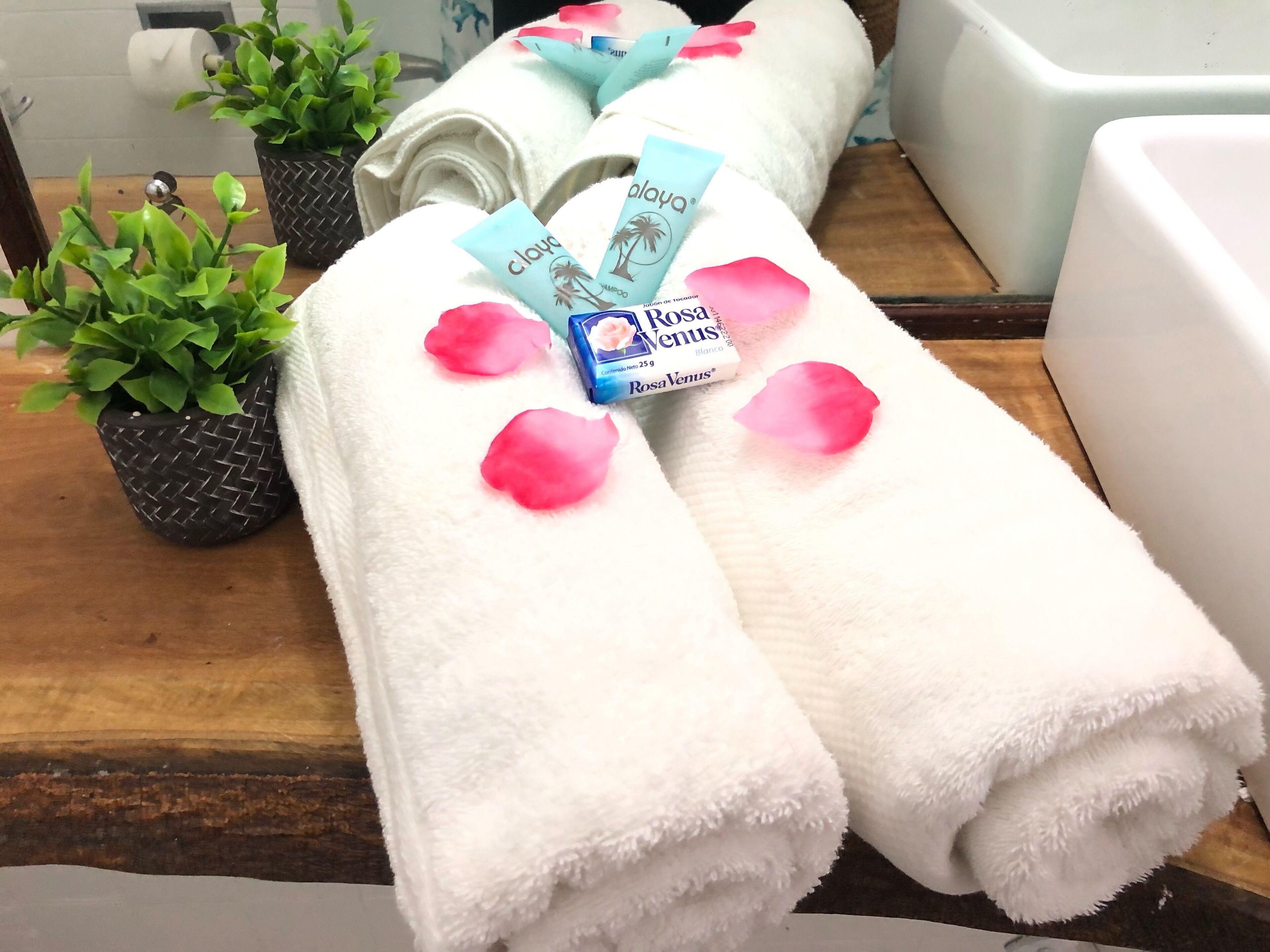 Dos toallas blancas con pétalos de rosa rosados y una botella azul de champú sobre una superficie de madera.