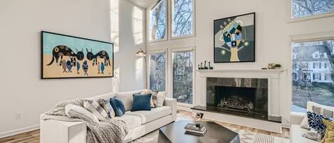 Télévision, cheminée, espaces bureaux