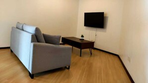 Un salon moderne avec un canapé gris, une petite table basse en bois et un téléviseur à écran plat fixé au mur.