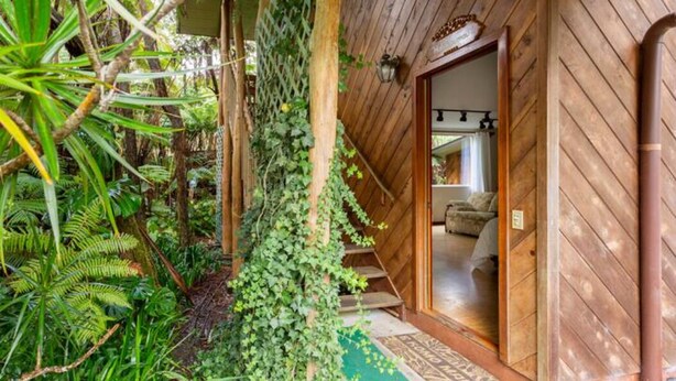 Una cabana de fusta amb façana de fusta, una escala que condueix a una porta i un jardí exuberant ple de plantes diverses.
