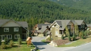 A residential area with houses featuring gabled roofs and a mountain backdrop.