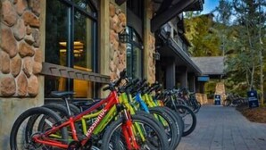 A row of bicycles parked outside a building with a stone facade and a wooden deck.