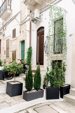 A courtyard with potted plants, a bicycle, and a building with a green door and a balcony.