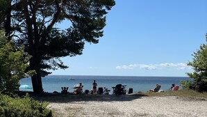 Una playa con un árbol grande, gente relajándose y una vista despejada del océano.