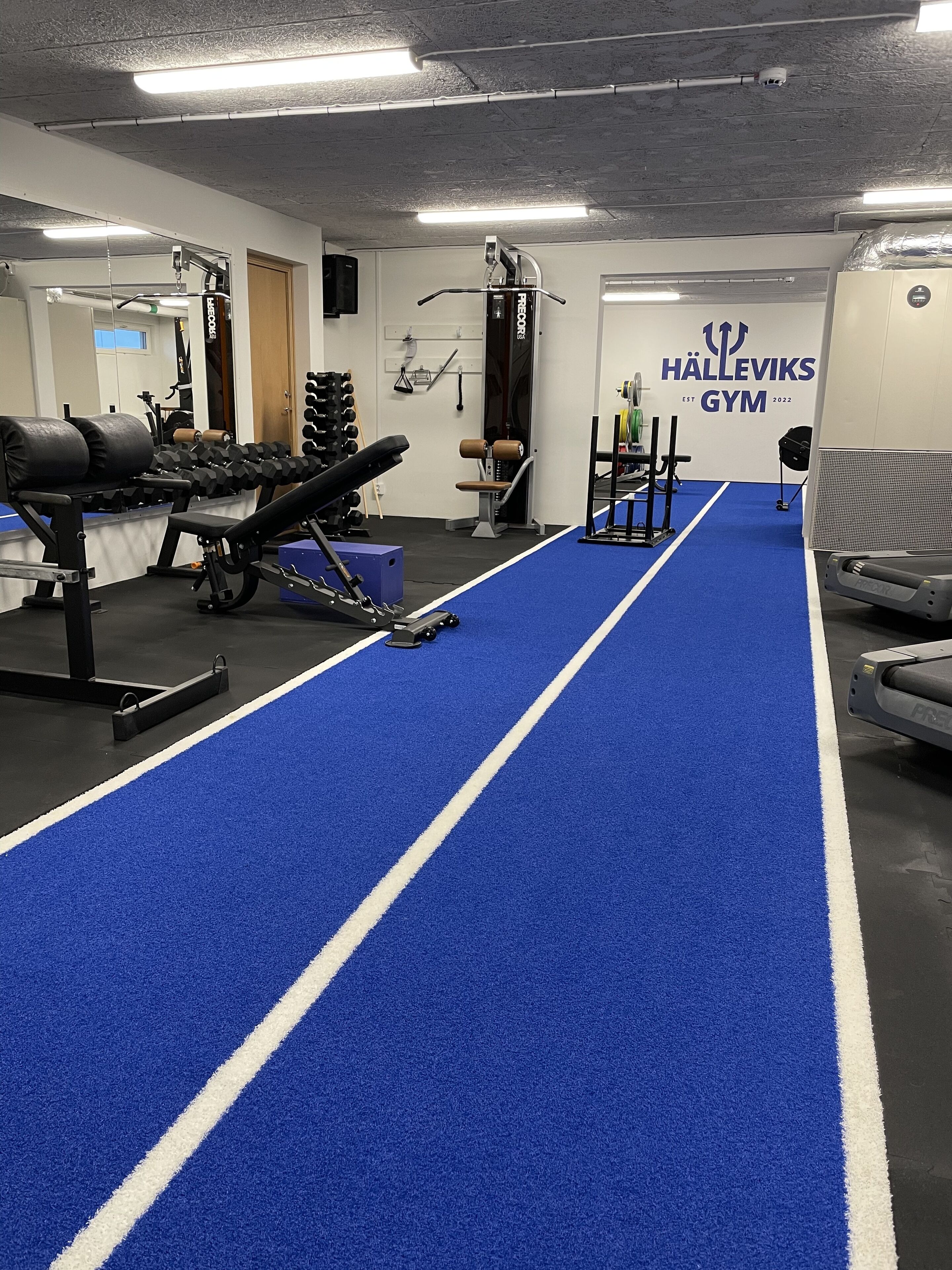 Een sportschool met blauwe vloer, krachttrainingapparatuur en een spiegelwand.