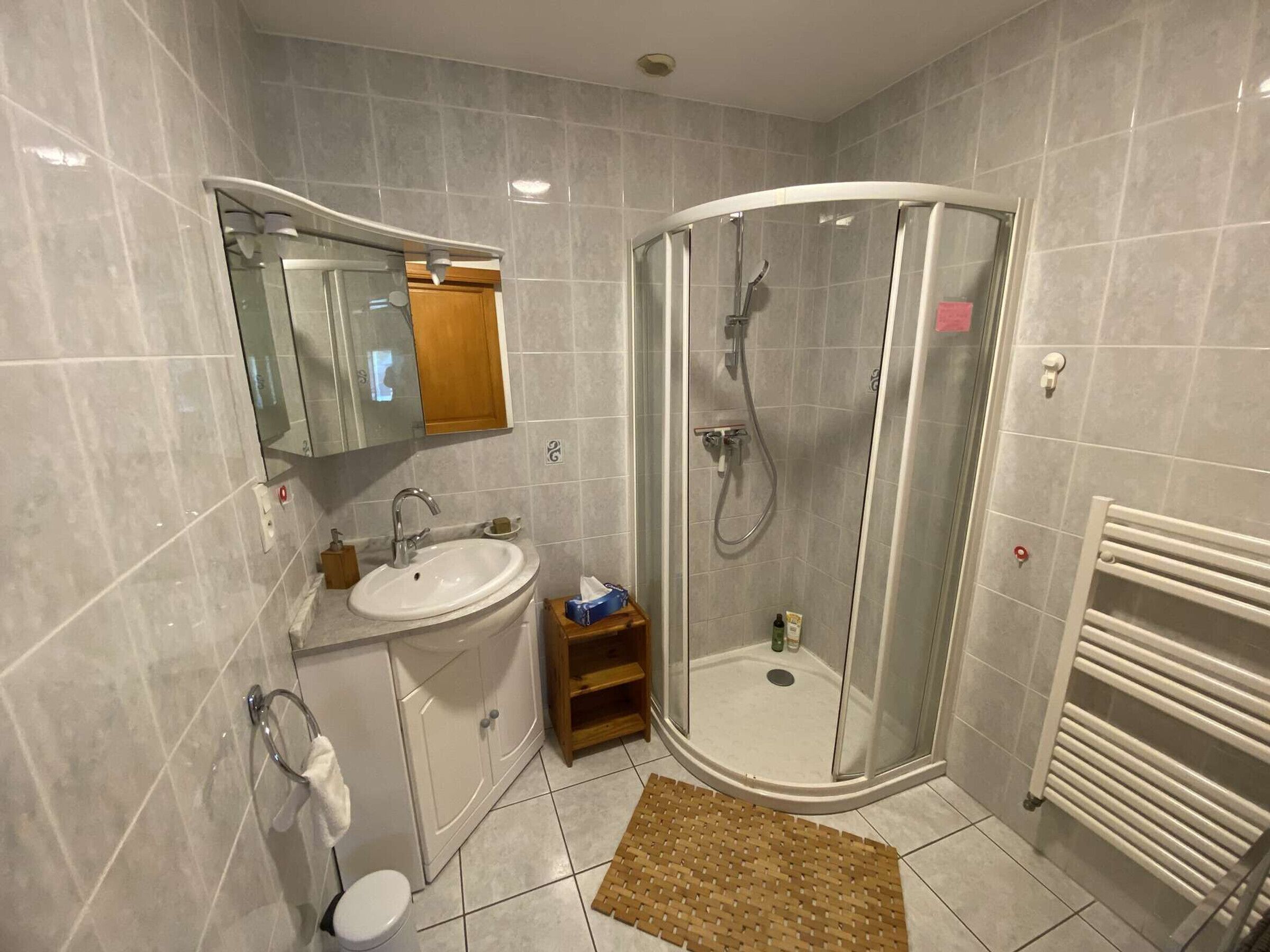 A modern bathroom with a glass-enclosed shower, a sink, and a toilet.