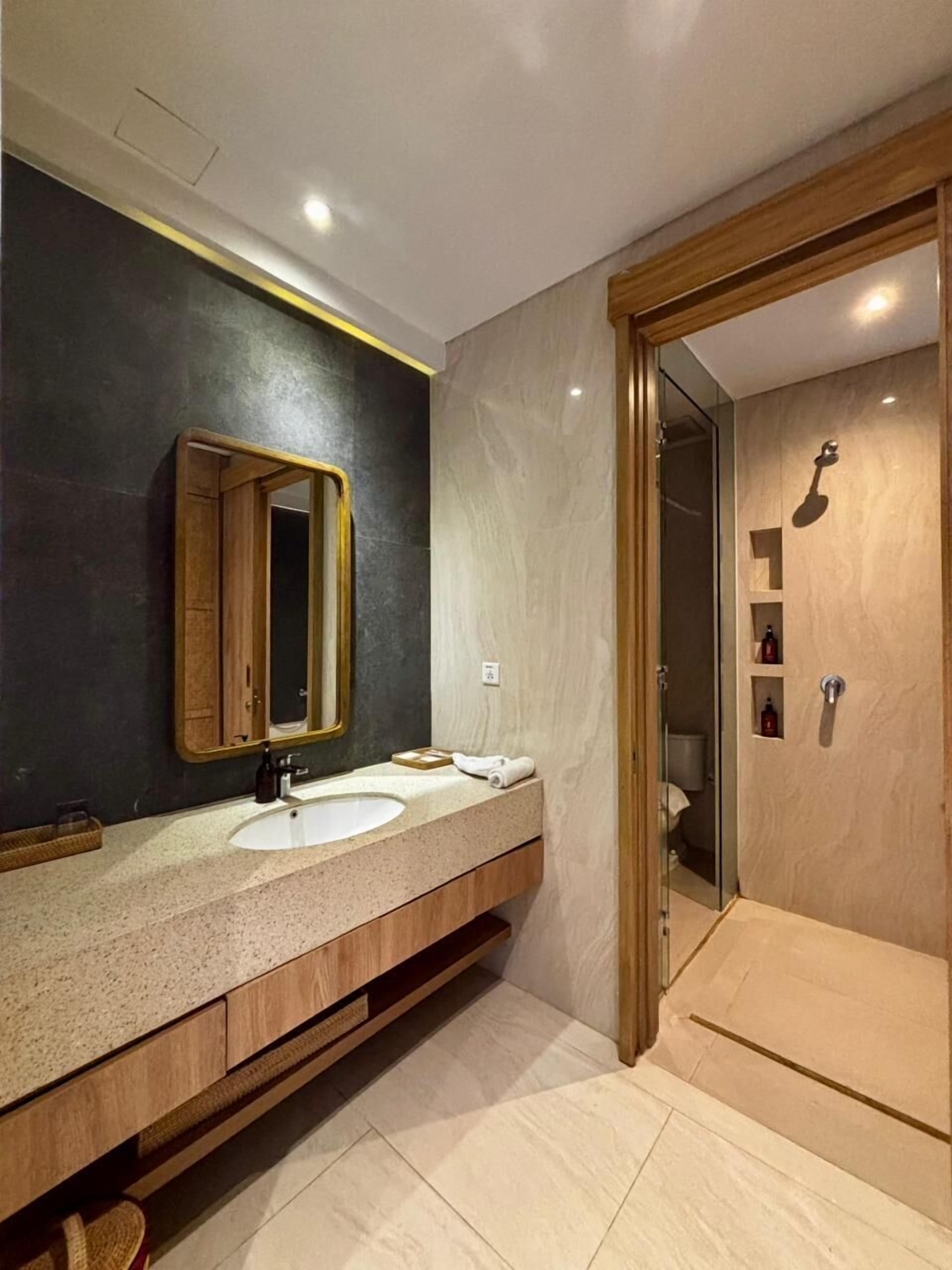 A modern bathroom with a large mirror, two sinks, and a shower area.