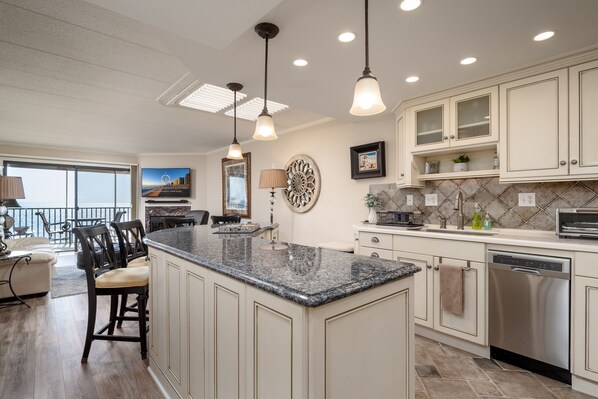 Microwave, dishwasher, cookware/dishes/utensils