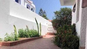 Un patio empedrado con paredes blancas y plantas verdes.