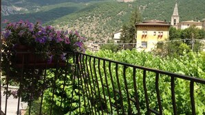 A balcony with a metal railing overlooking a vineyard and a town with buildings and a church in the background. - Le Focette Dell'Orso (Scanno)