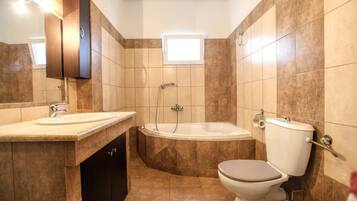 Bathtub, towels, toilet paper