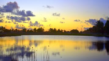Un lago tranquilo al atardecer, reflejando el cielo y los árboles circundantes.