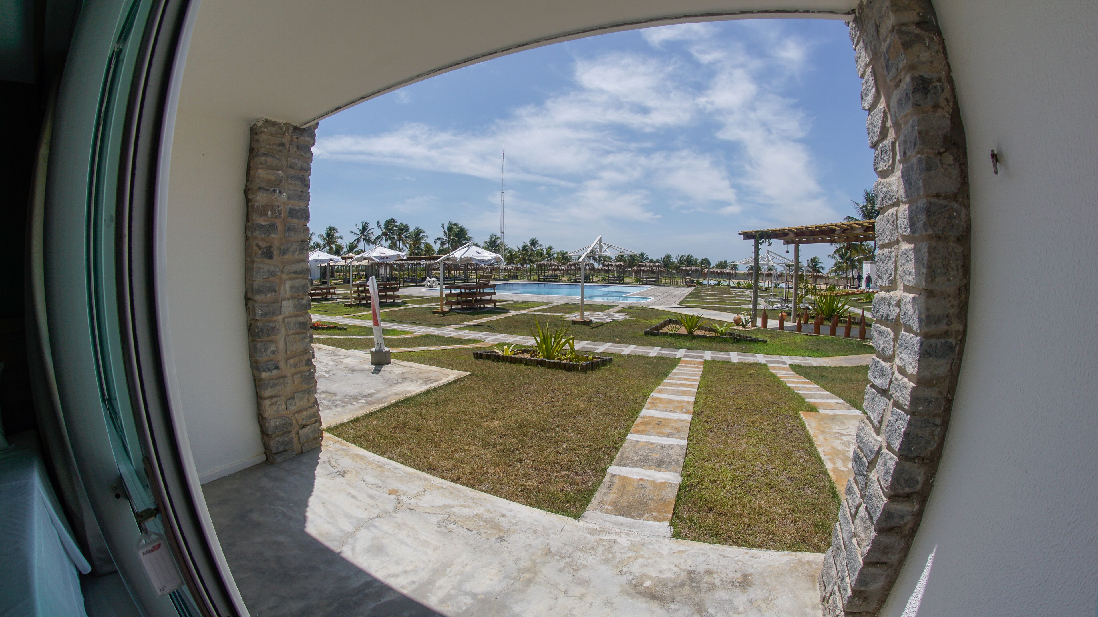 A view of a pool area with a clear sky, palm trees, and a stone wall.