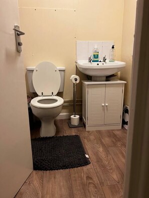 Een kleine badkamer met toilet, wastafel en kast.