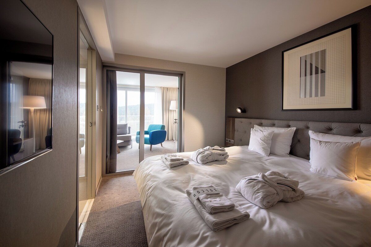 A hotel room with a large bed, a headboard, a framed picture, and a view of the outdoors through a sliding door.