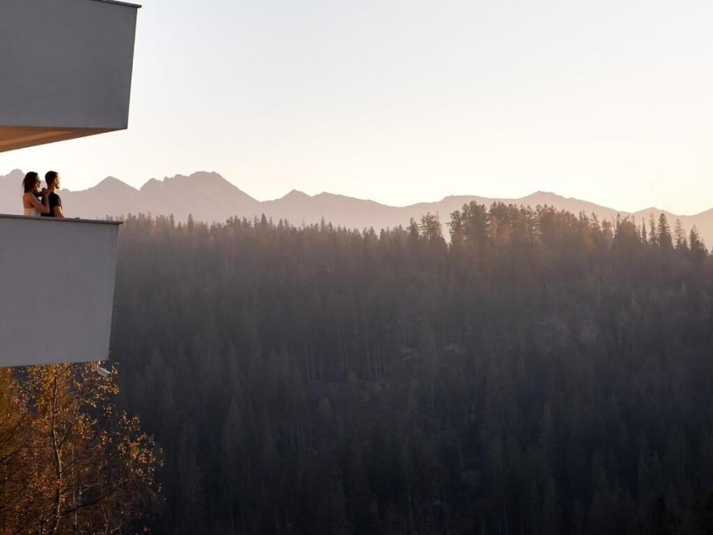 A room with a view of a forest and mountains.
