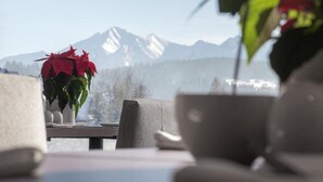 A table with a vase of red flowers, a laptop, and a view of snow-capped mountains.