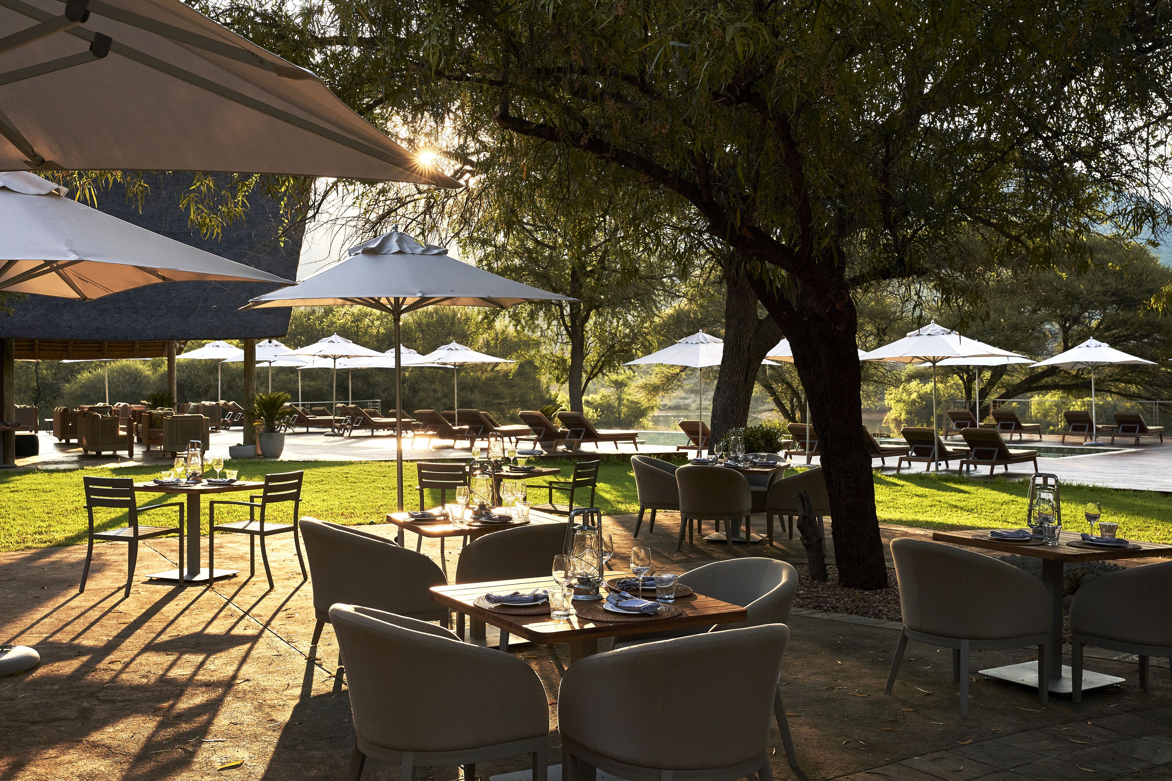 An outdoor dining area with tables and chairs under umbrellas, surrounded by greenery.