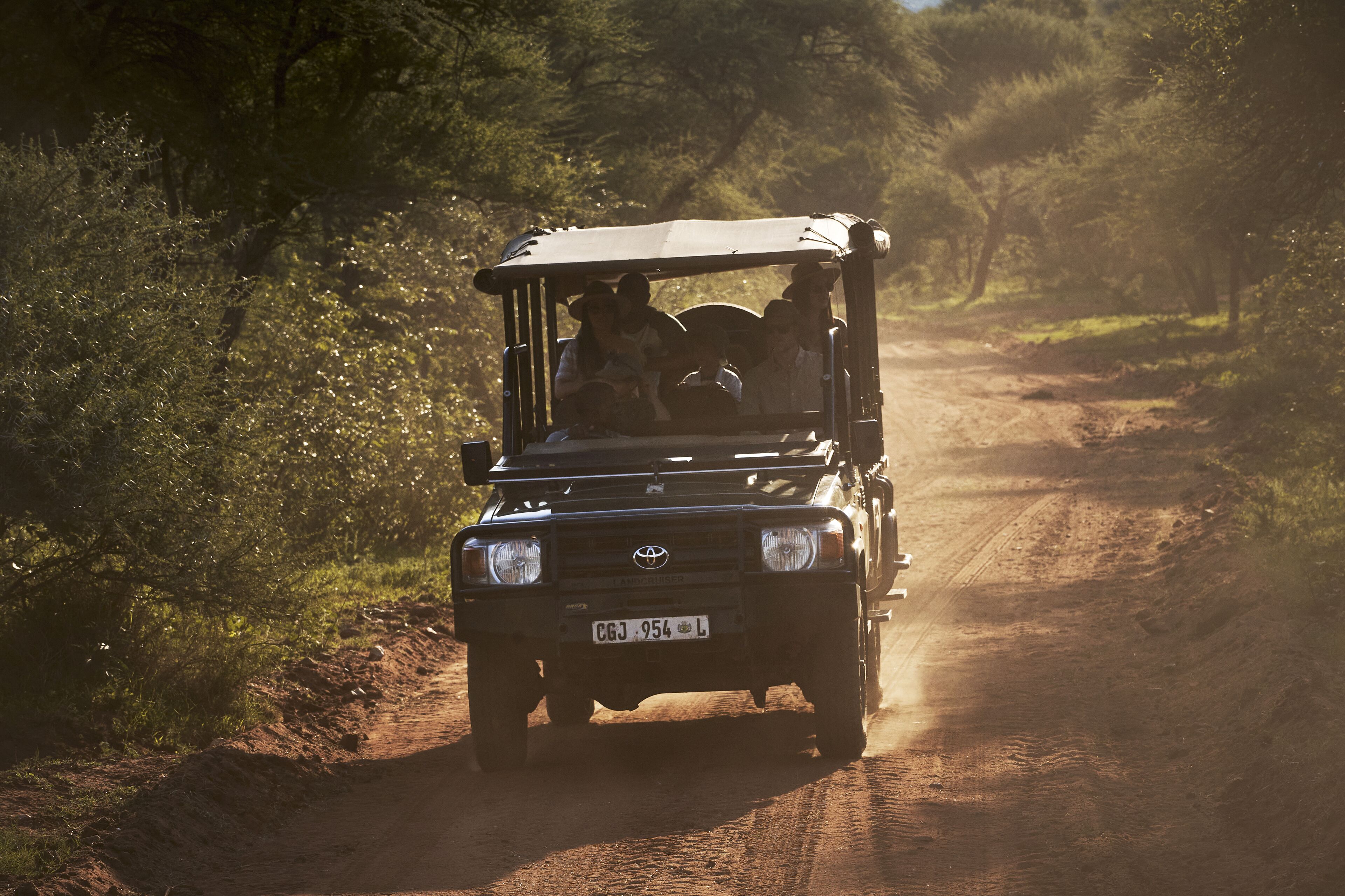 A vehicle on a dirt road surrounded by trees.