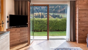 A modern room with a TV, wooden furniture, a glass door leading to a garden, and a view of trees.