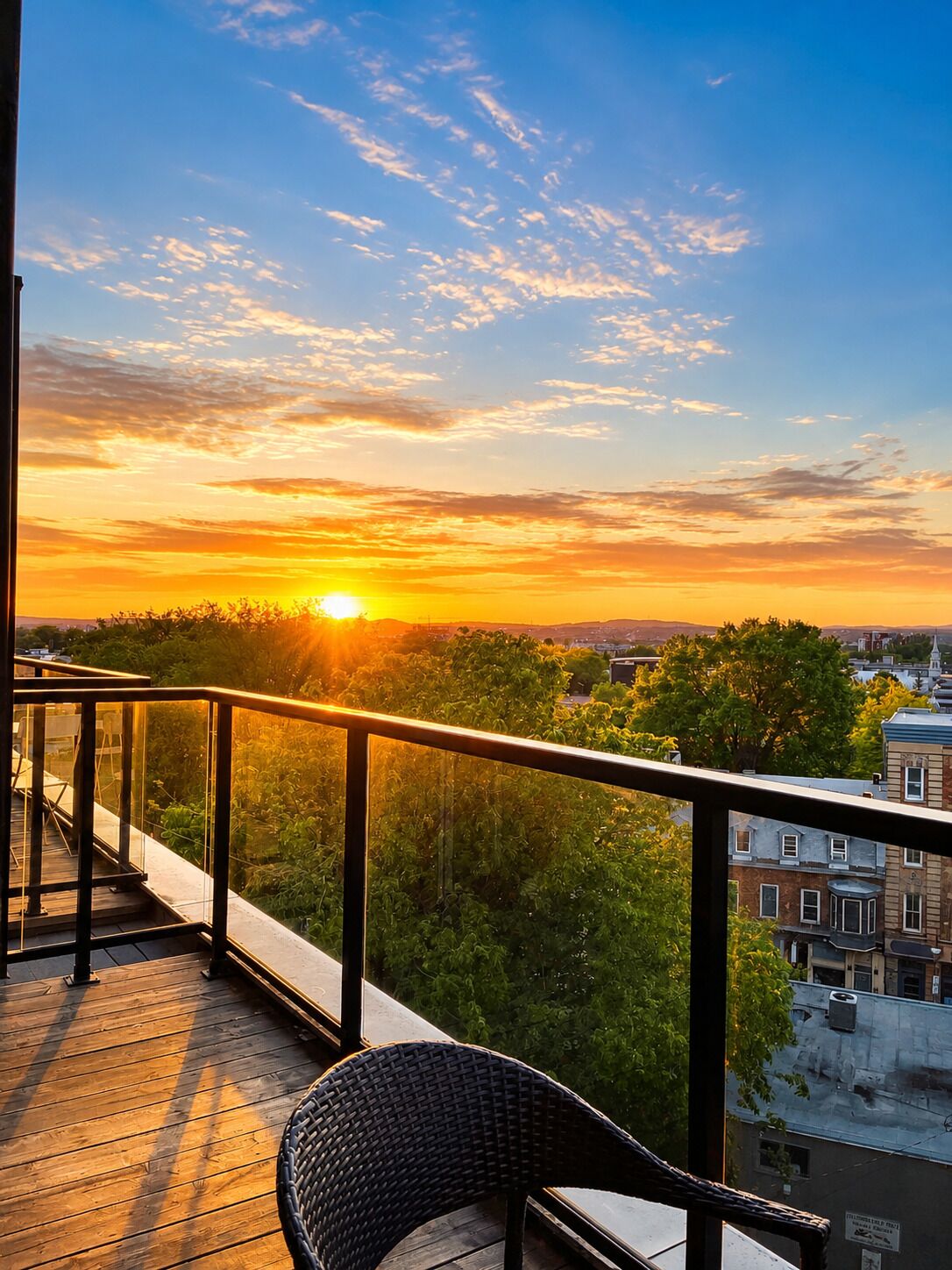 A balcony with a view of a sunset over a cityscape.