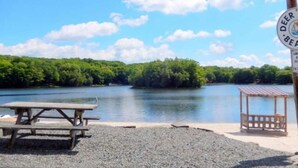Vista de un lago con una mesa de picnic de madera y un pequeño refugio.