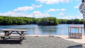 Vista de un lago con una mesa de picnic de madera y un pabellón.