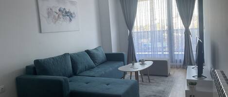 Appartement, 1 grand lit | Salle de séjour | Téléviseur de 30 po avec télévision par cùble