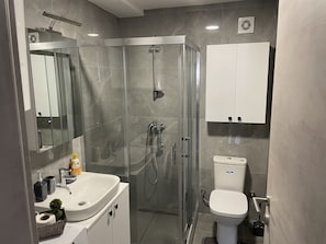 A modern bathroom with a glass-enclosed shower, a white sink, and a toilet.