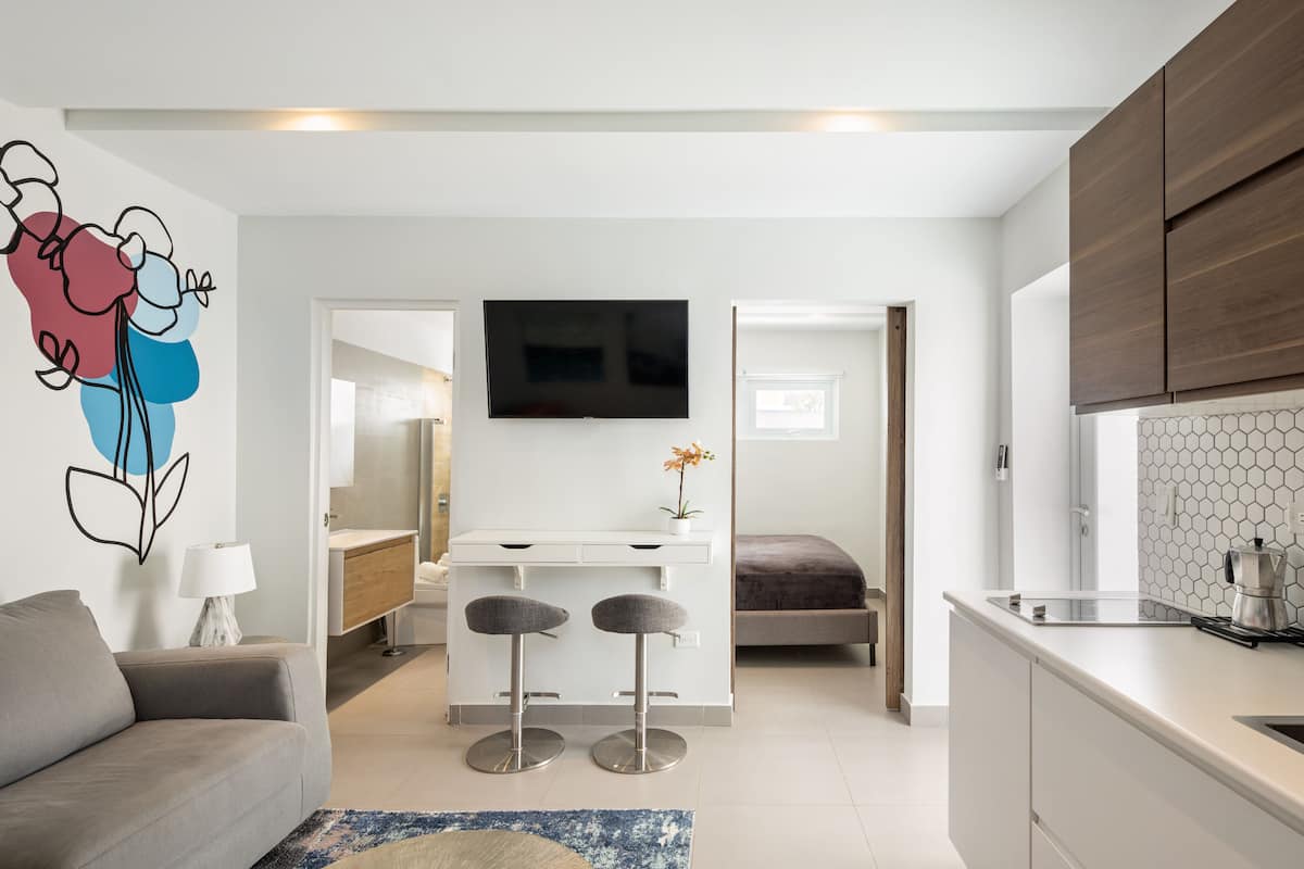 A modern apartment with a kitchenette, a dining area, and a living room.
