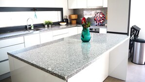 Een moderne keuken met een granieten aanrecht, witte kasten, een roestvrijstalen spoelbak en een blauwgroene vaas met planten.