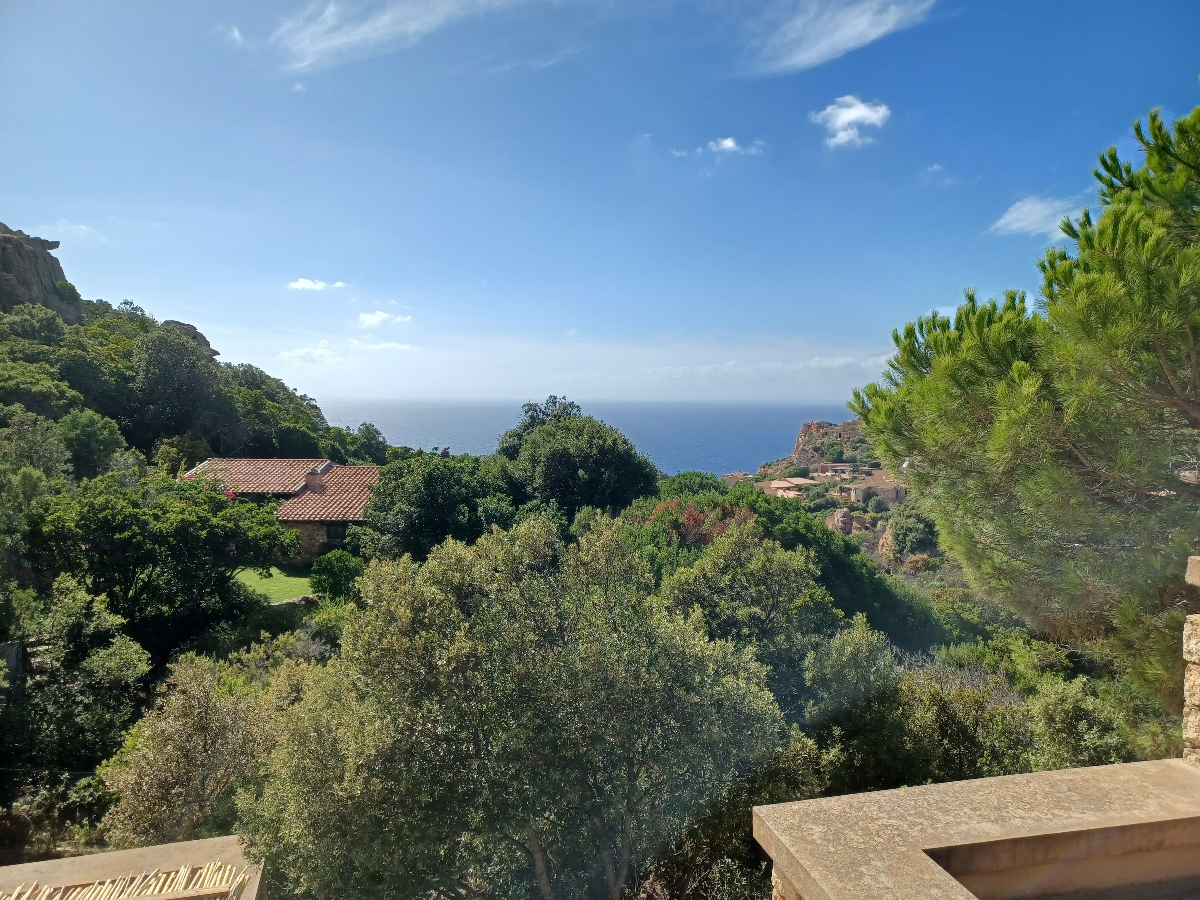 A coastal landscape with a view of the sea, lush greenery, and traditional buildings.