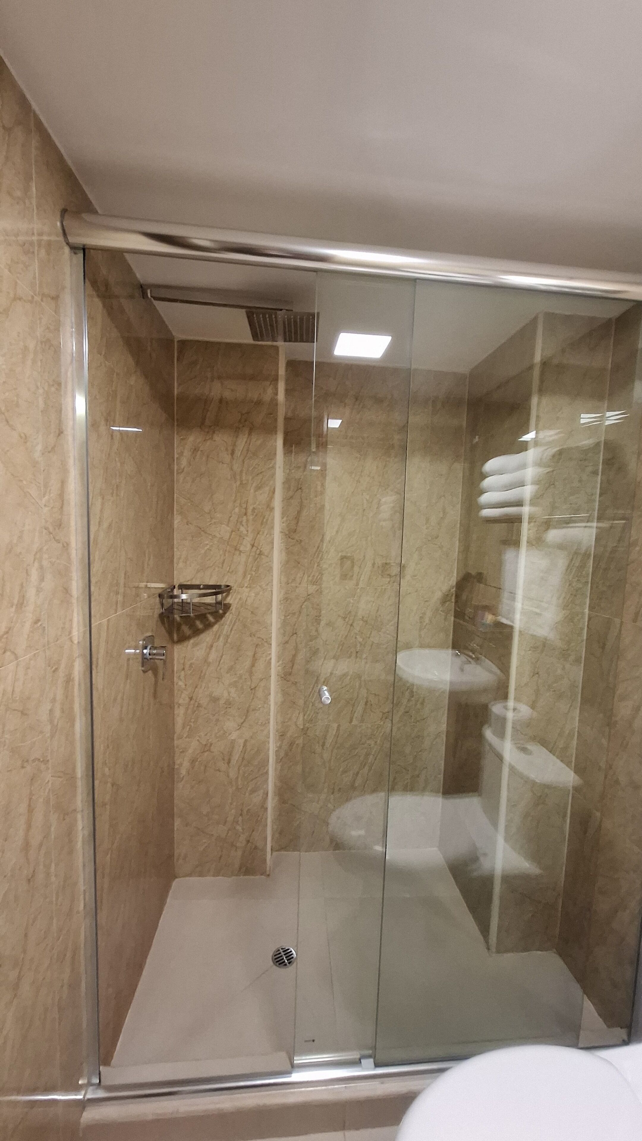 A glass-enclosed shower stall with a marble wall, a towel rack, and a toilet.