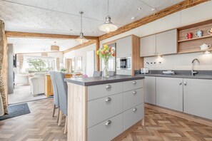 Fridge, microwave, oven, cookware/dishes/utensils