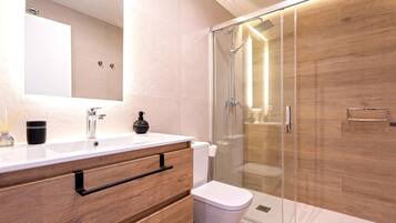 Shower, hair dryer, towels