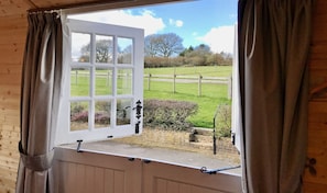 Ein Fenster mit Blick auf ein grasbewachsenes Feld und Bäume.