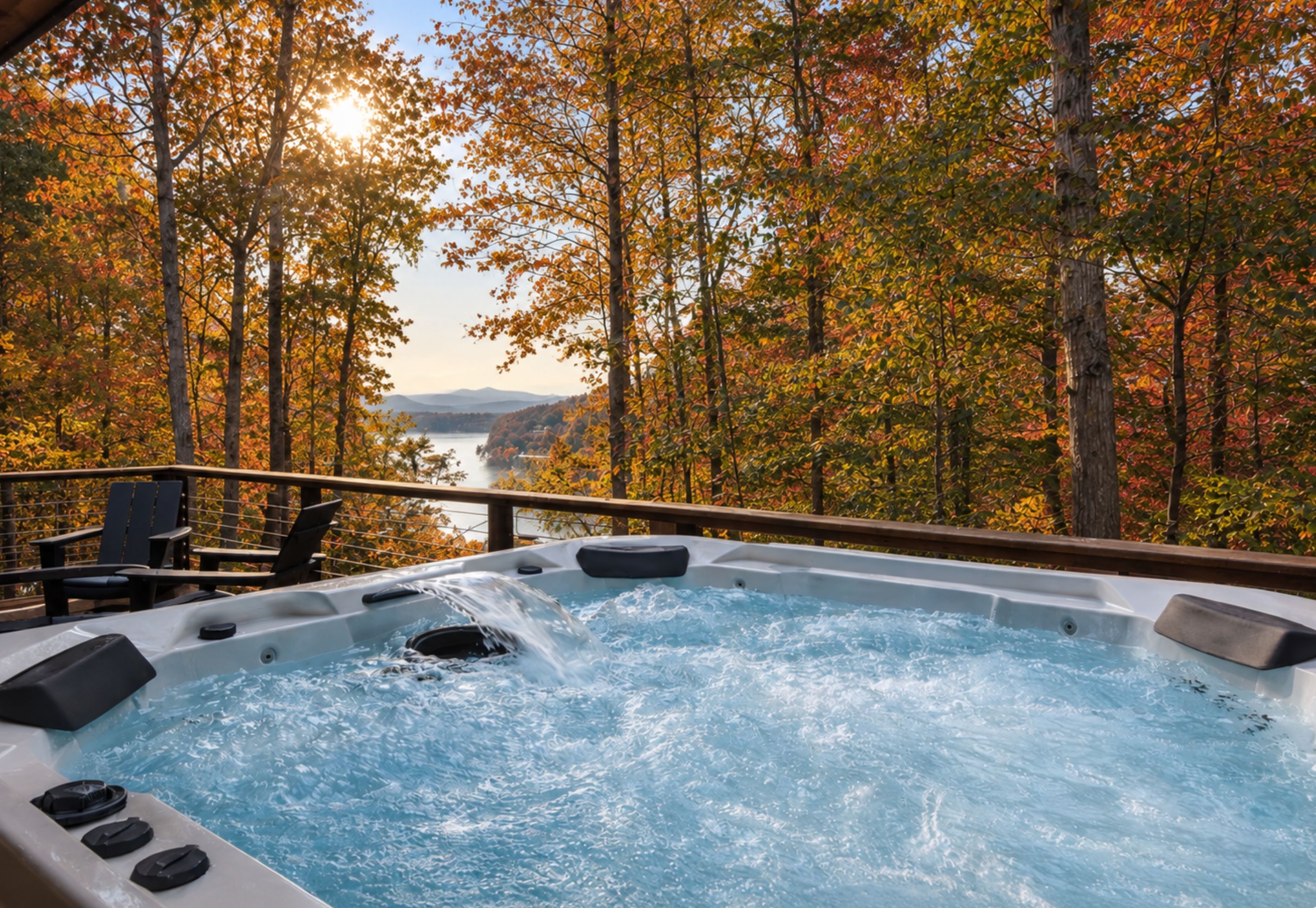 Un bain à remous avec vue sur une forêt et un lac.