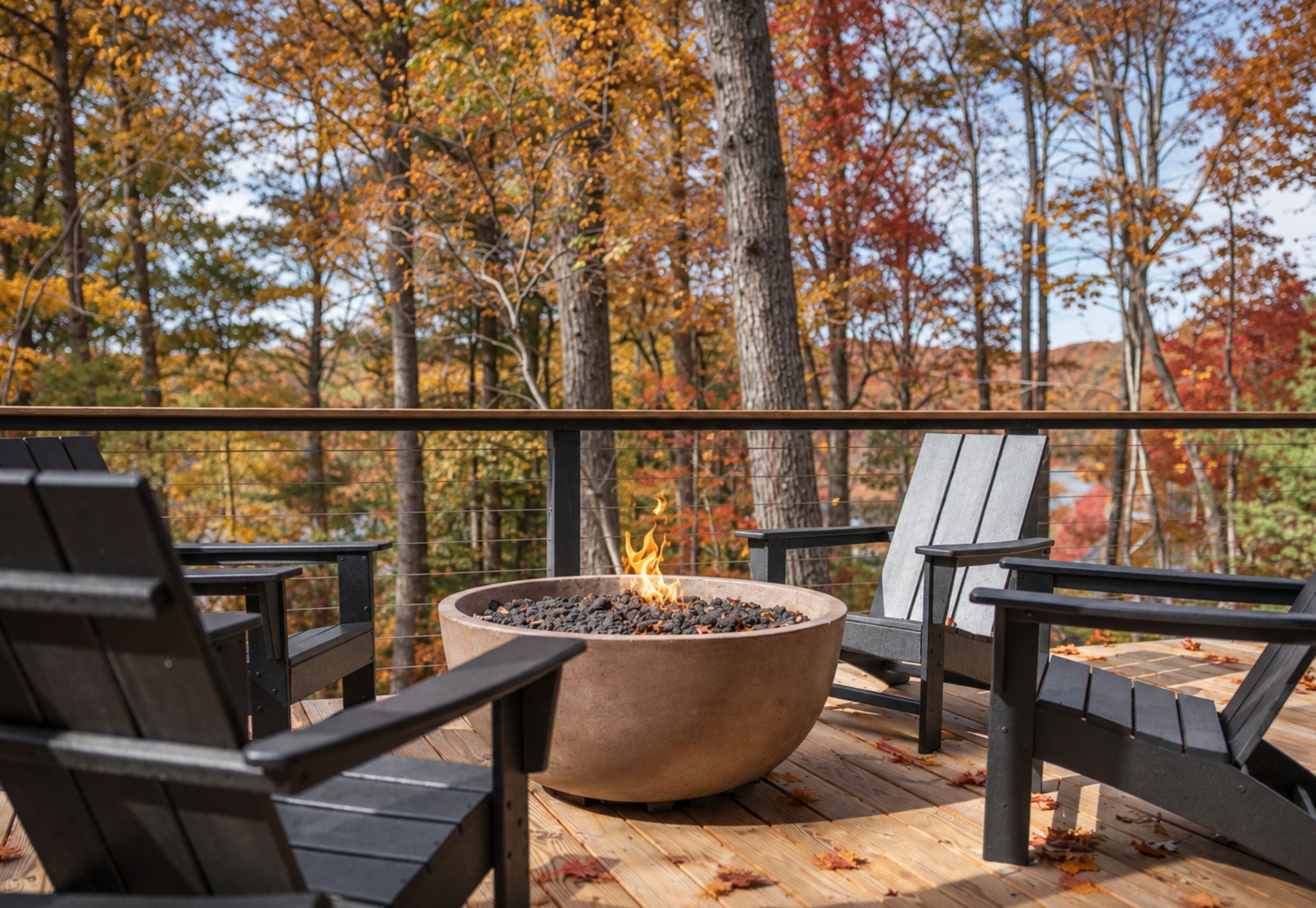 A deck with a fire pit and two chairs, surrounded by autumn trees.