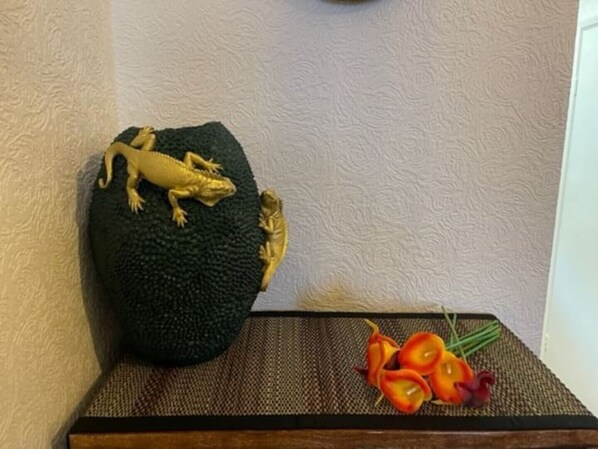 A textured wall corner with a small, dark green, spherical object and a yellow lizard figurine on top.